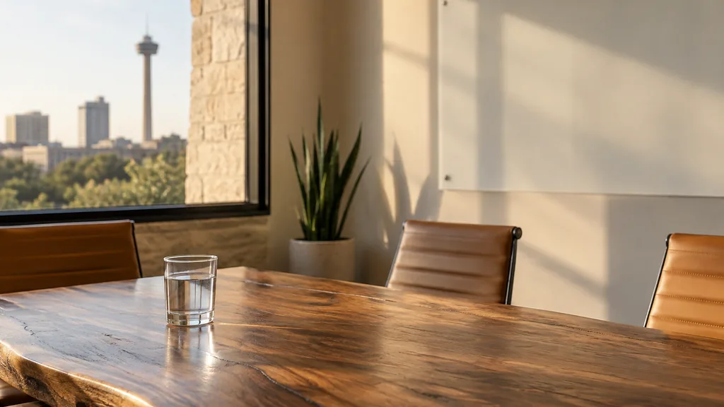 An empty workspace in a San Antonio office with dry golden light, a blank strategy wall and a plain water glass on a mesquite table