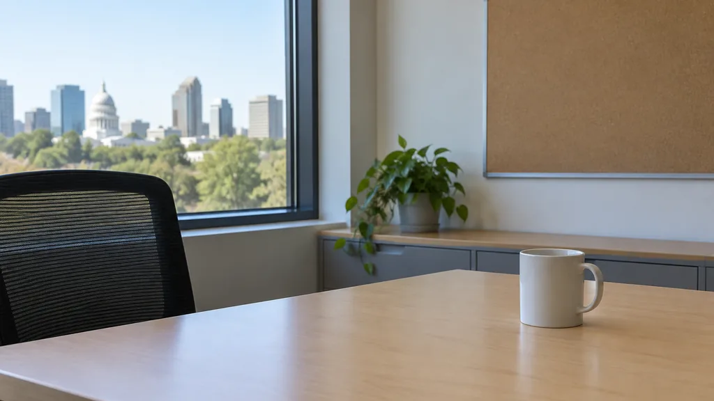 An empty workspace in a Sacramento office with flat valley daylight, an empty pinboard and one plain mug on a light maple table