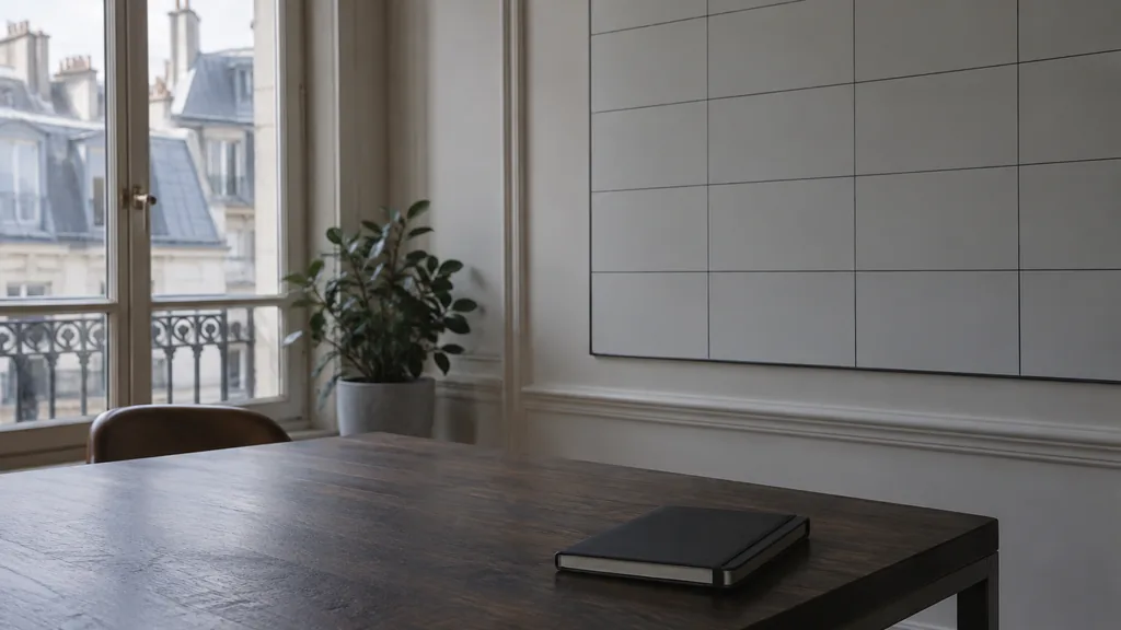 An empty workspace in a Paris office with grey zinc-roof light, a bare planning wall and one closed notebook on a dark parquet table