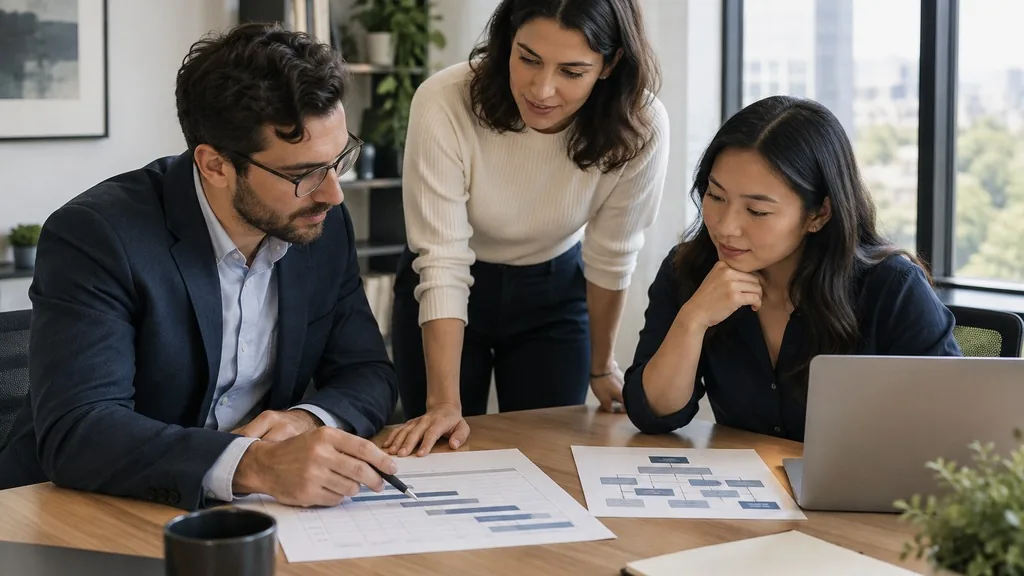 Three colleagues around a meeting table reviewing a printed 90-day plan and an org chart in a bright modern office