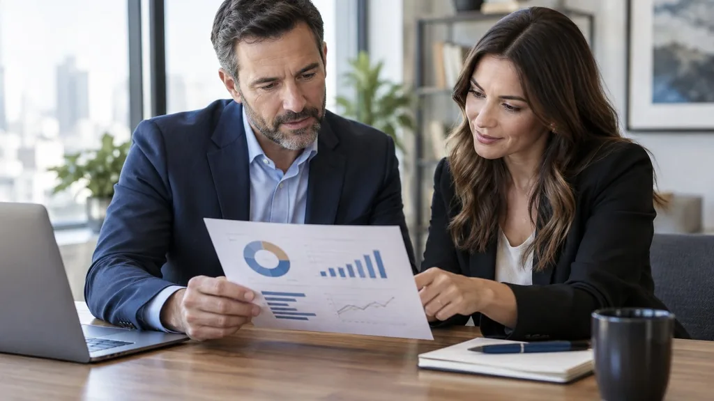 Finance lead and marketing lead reviewing a single printed one-page performance report together at a desk