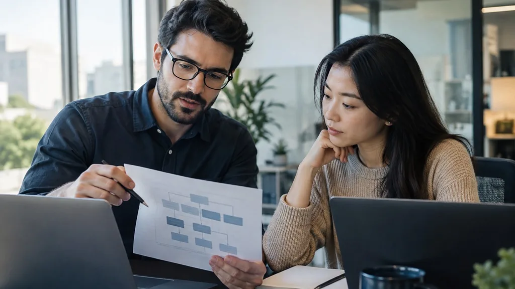 Two operations specialists reviewing a printed system diagram beside two laptops at a desk in a bright office