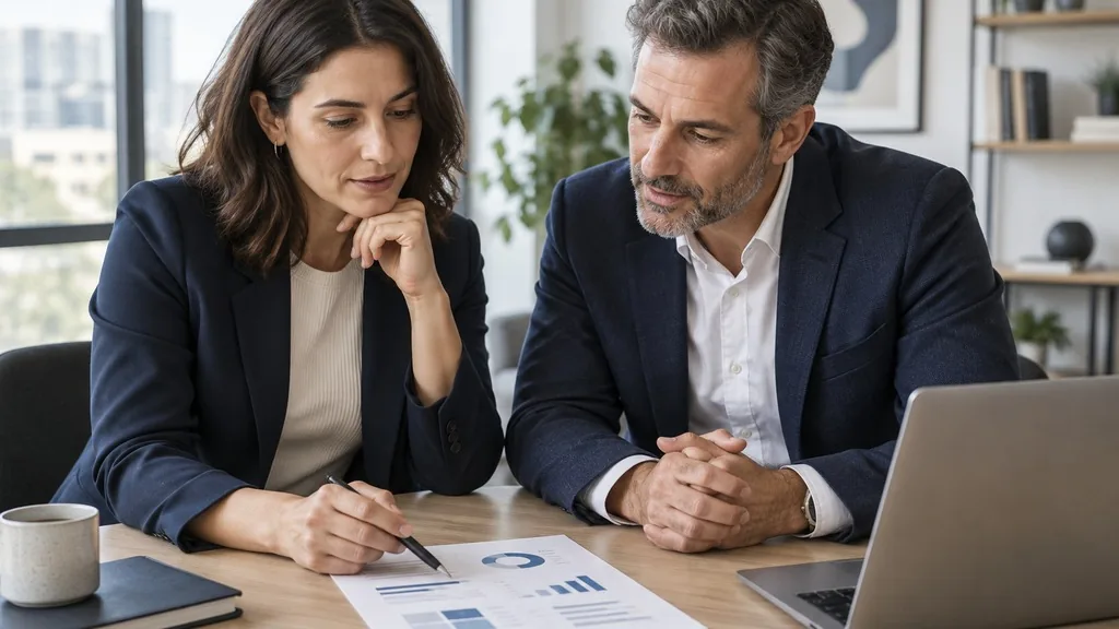 Two marketing leaders at a table reviewing a printed one-page AI readiness assessment beside a laptop in a bright office