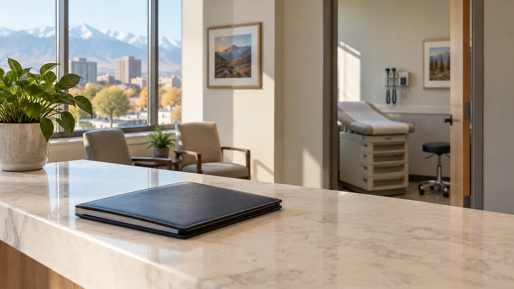 An empty clinic interior in a Denver clinic reception with dry mountain light, an empty treatment-room doorway and one closed appointment book on a pale stone counter