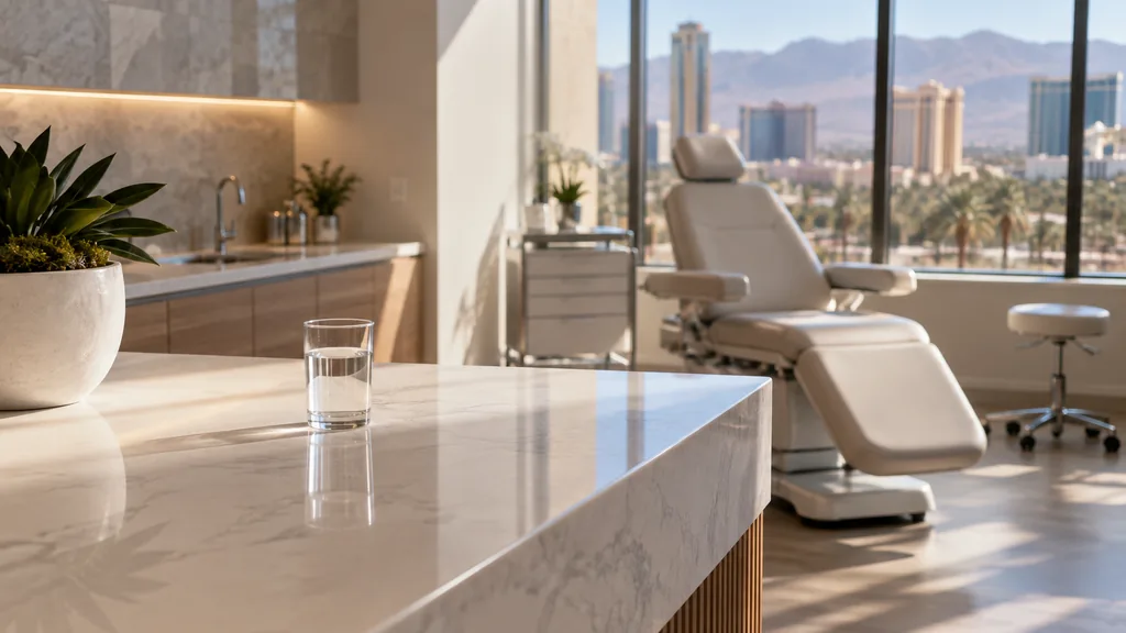 An empty clinic interior in a Las Vegas clinic reception with bright desert light, an empty treatment chair and one plain water glass on a smooth quartz counter