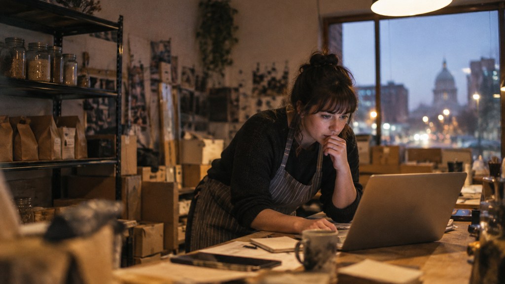 A small-business owner in an apron leaning over a laptop on a cluttered back-office desk late in the day, photographed in Winnipeg