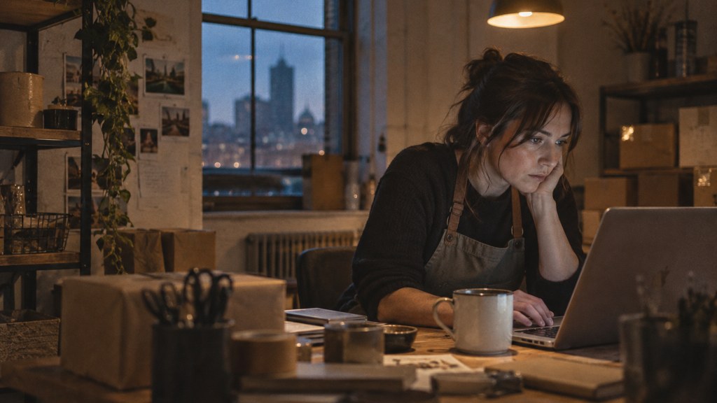 A small-business owner in an apron leaning over a laptop on a cluttered back-office desk late in the day, photographed in Winnipeg
