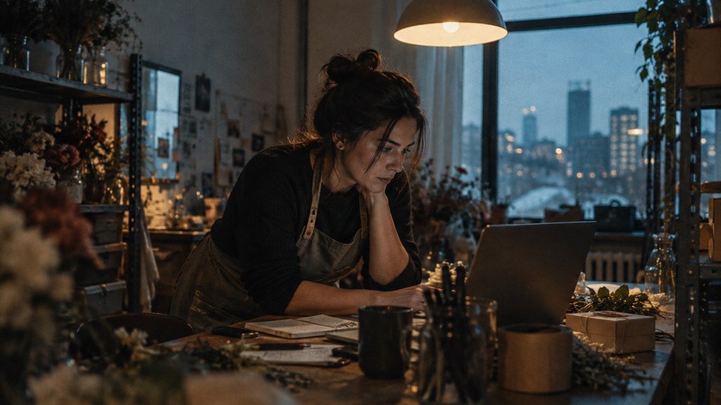 A small-business owner in an apron leaning over a laptop on a cluttered back-office desk late in the day, photographed in Winnipeg