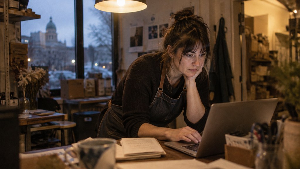 A small-business owner in an apron leaning over a laptop on a cluttered back-office desk late in the day, photographed in Winnipeg