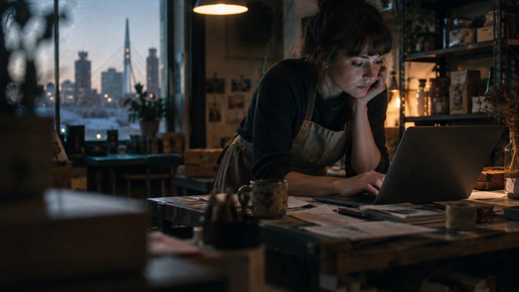 A small-business owner in an apron leaning over a laptop on a cluttered back-office desk late in the day, photographed in Winnipeg