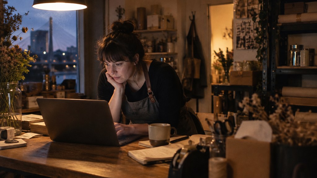 A small-business owner in an apron leaning over a laptop on a cluttered back-office desk late in the day, photographed in Winnipeg