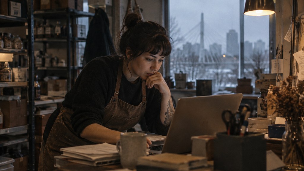 A small-business owner in an apron leaning over a laptop on a cluttered back-office desk late in the day, photographed in Winnipeg