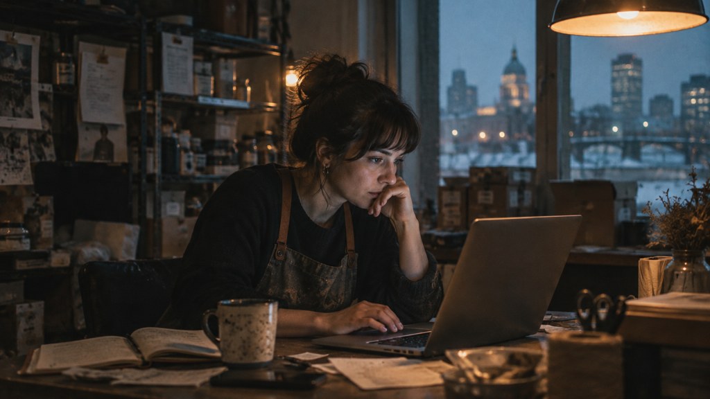 A small-business owner in an apron leaning over a laptop on a cluttered back-office desk late in the day, photographed in Winnipeg