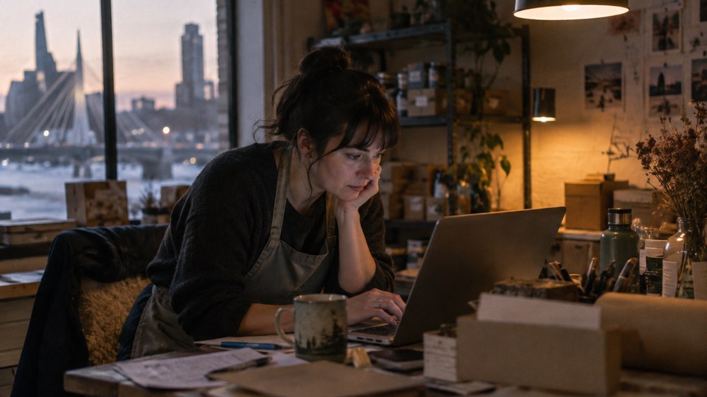A small-business owner in an apron leaning over a laptop on a cluttered back-office desk late in the day, photographed in Winnipeg