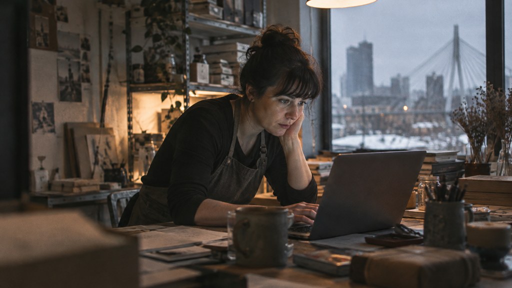 A small-business owner in an apron leaning over a laptop on a cluttered back-office desk late in the day, photographed in Winnipeg