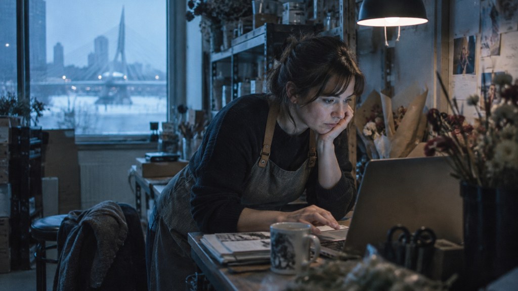 A small-business owner in an apron leaning over a laptop on a cluttered back-office desk late in the day, photographed in Winnipeg