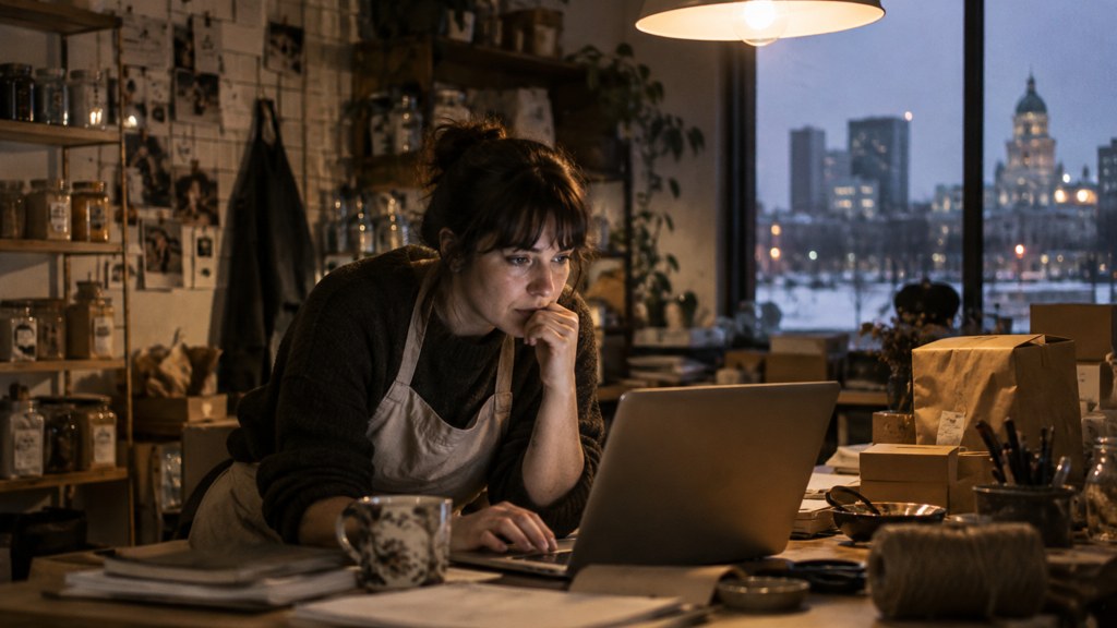 A small-business owner in an apron leaning over a laptop on a cluttered back-office desk late in the day, photographed in Winnipeg