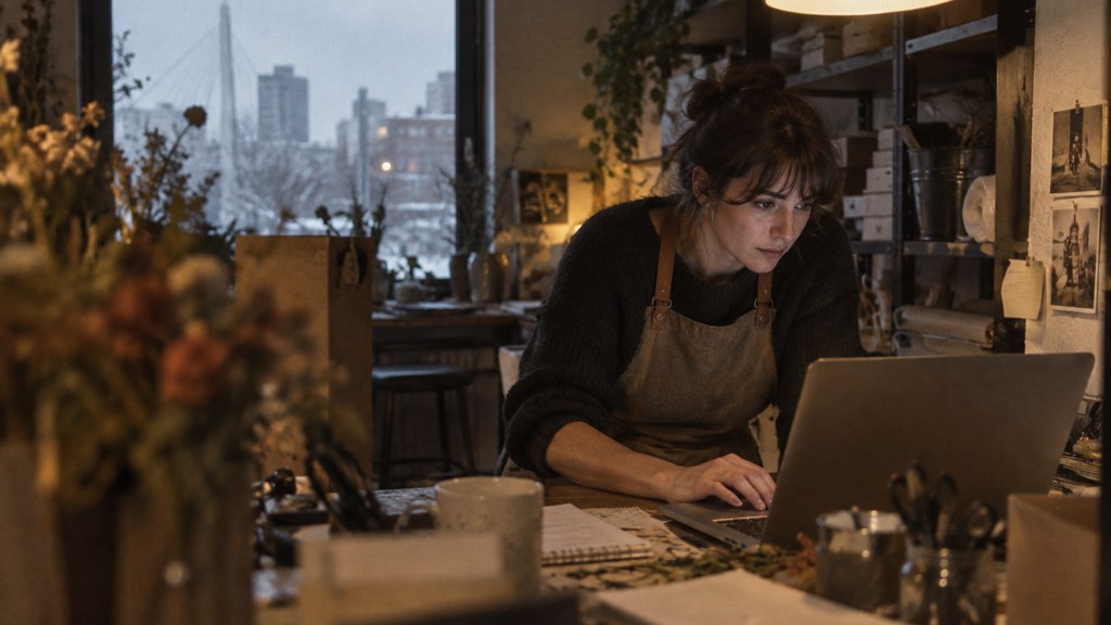 A small-business owner in an apron leaning over a laptop on a cluttered back-office desk late in the day, photographed in Winnipeg
