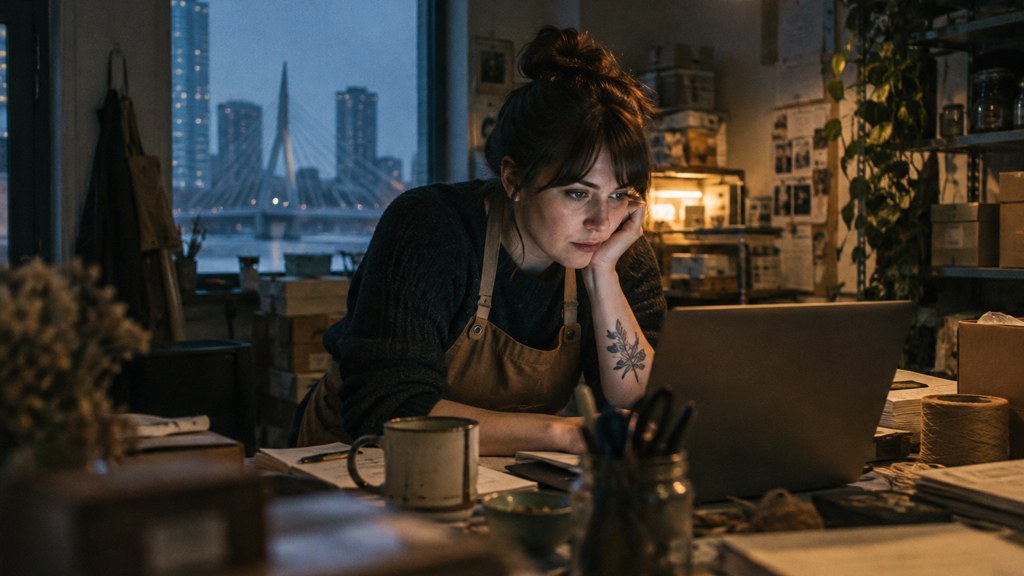 A small-business owner in an apron leaning over a laptop on a cluttered back-office desk late in the day, photographed in Winnipeg