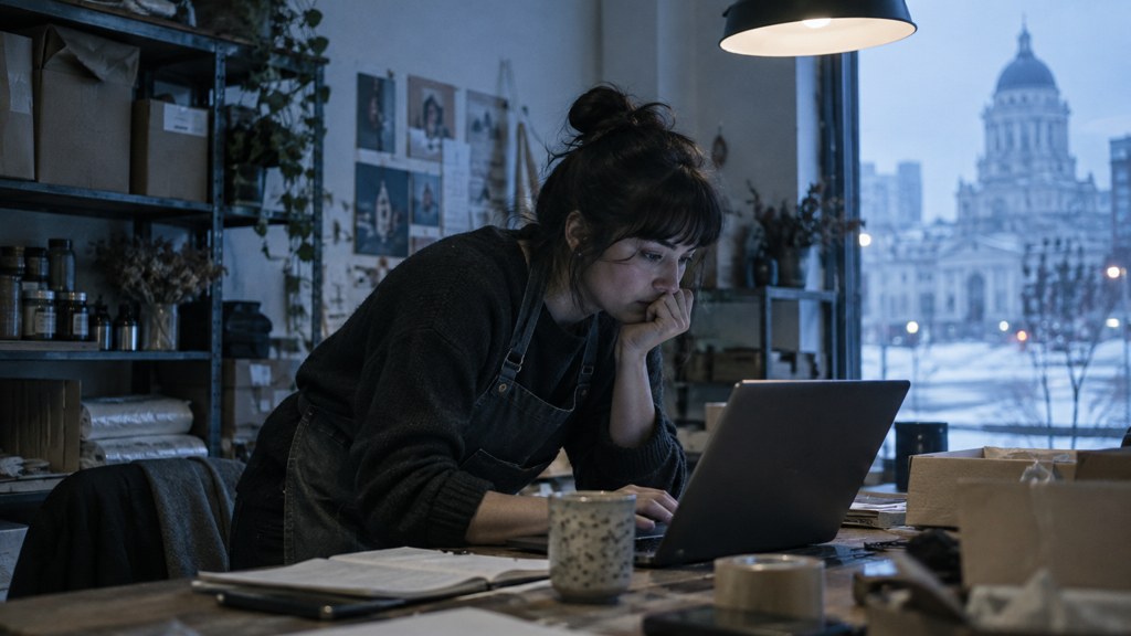 A small-business owner in an apron leaning over a laptop on a cluttered back-office desk late in the day, photographed in Winnipeg