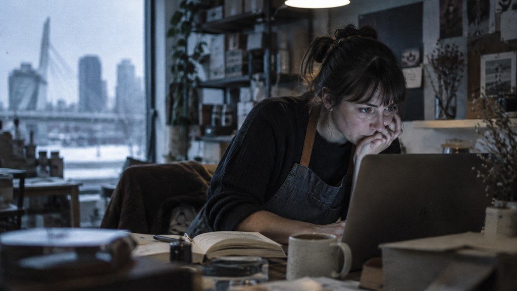 A small-business owner in an apron leaning over a laptop on a cluttered back-office desk late in the day, photographed in Winnipeg