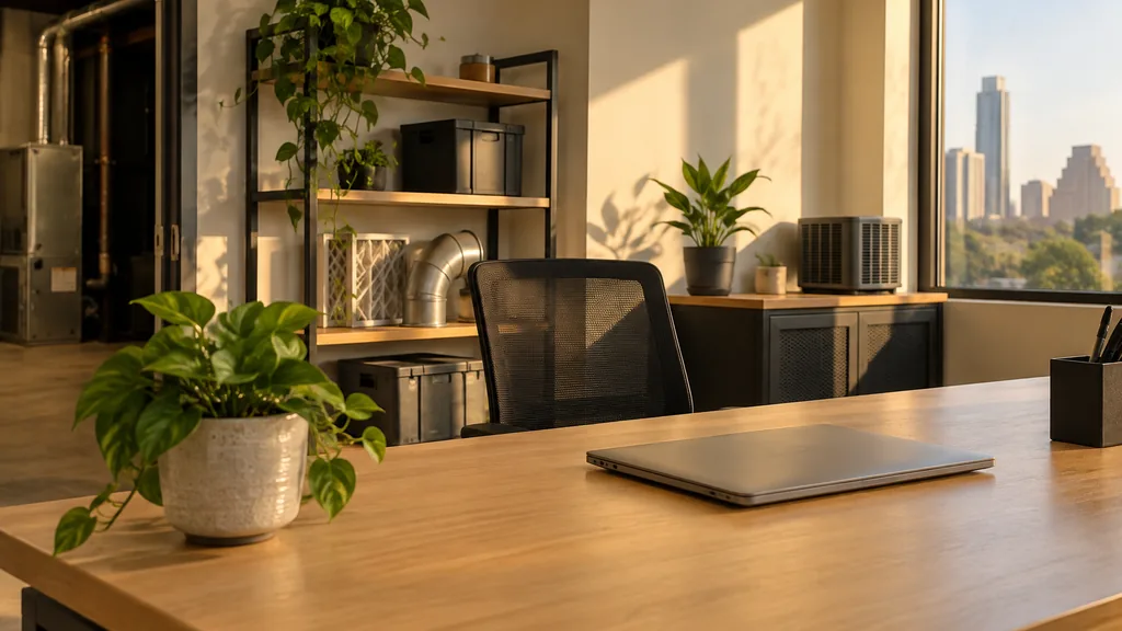 An empty workspace in an Austin heating and cooling contractor's back office with warm late-afternoon light, an empty desk and one closed laptop on pale oak
