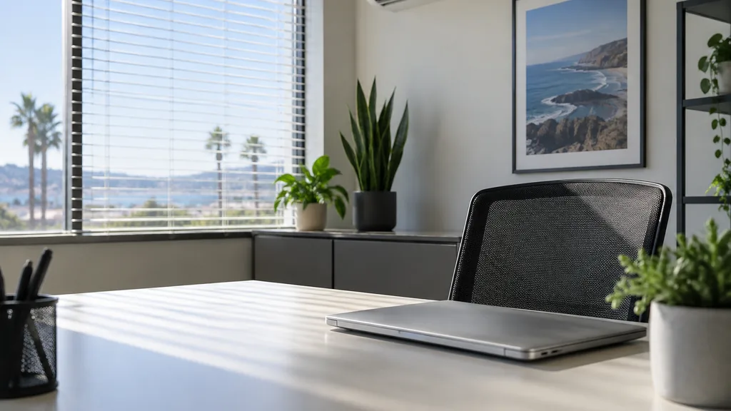 An empty workspace in a San Diego air-conditioning service office with bright coastal light through blinds, an empty desk and a closed laptop on white laminate
