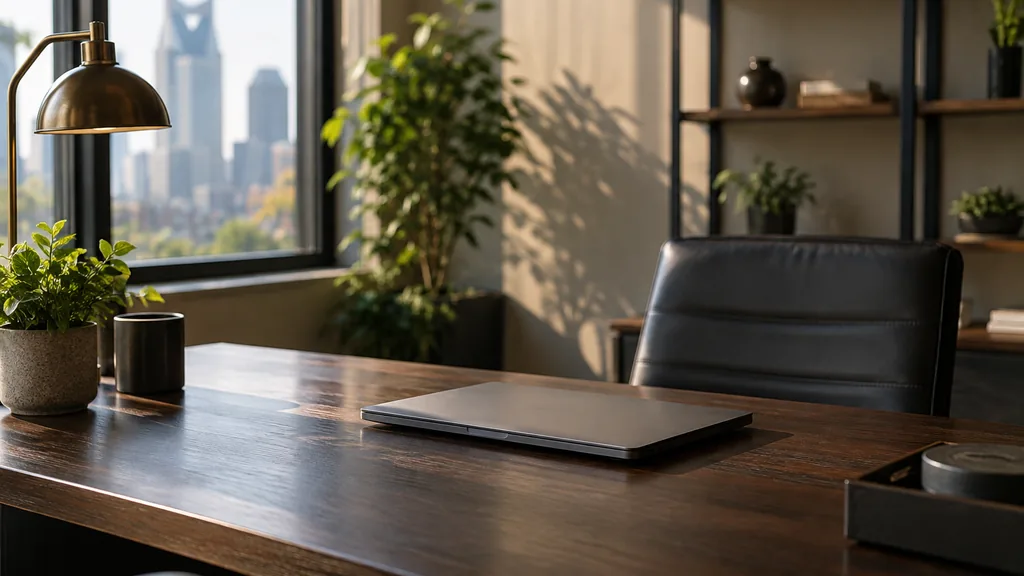 An empty workspace in a Nashville heating and cooling contractor office with soft morning light, an empty desk and a closed laptop on dark wood