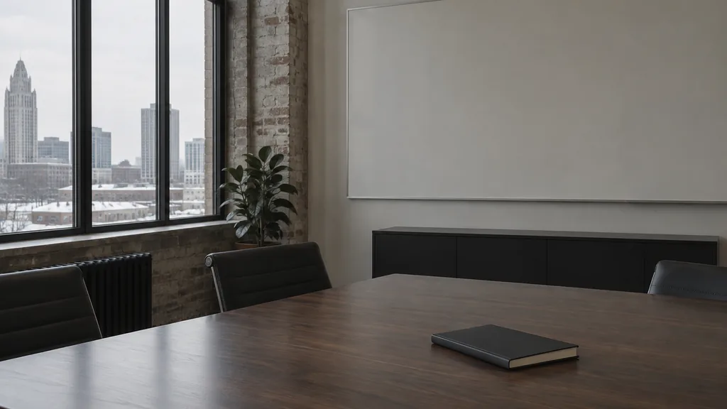 An empty workspace on a Detroit office table of dark walnut with a blank planning wall and one plain notebook in flat winter light