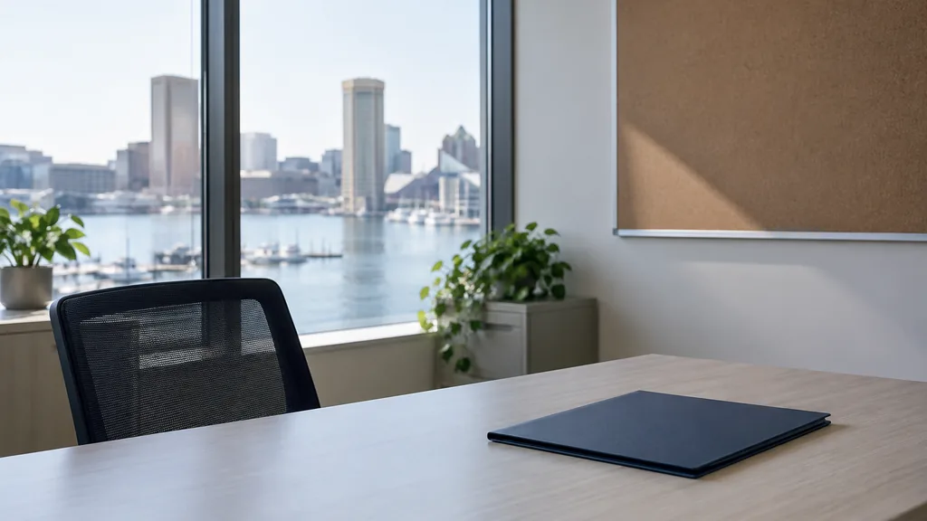 An empty workspace on a Baltimore office table of pale ash with an empty pinboard and one closed folder in cool harbour light