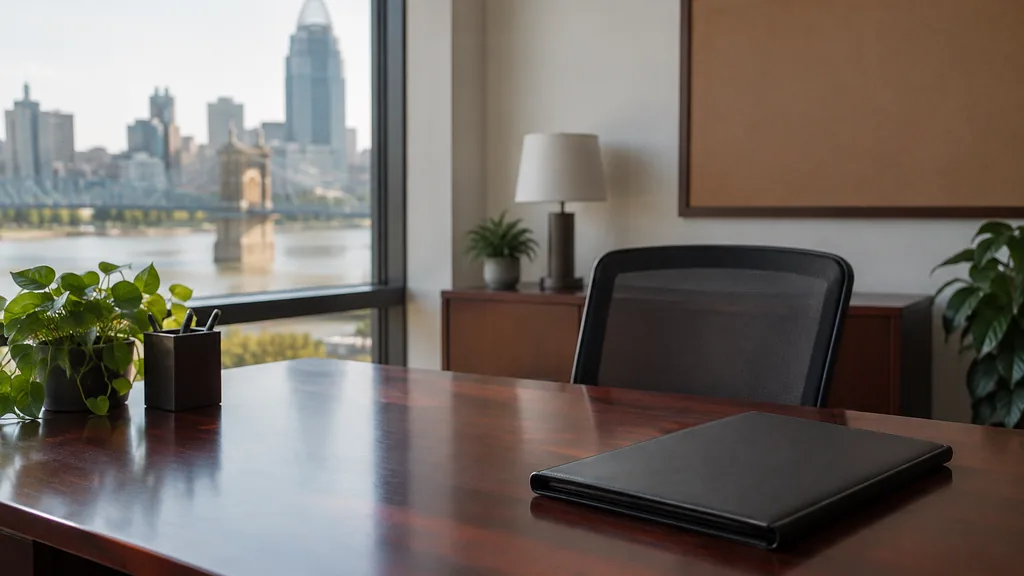 An empty workspace on a Cincinnati office table of dark cherry with an empty pinboard and one closed folder in soft river light