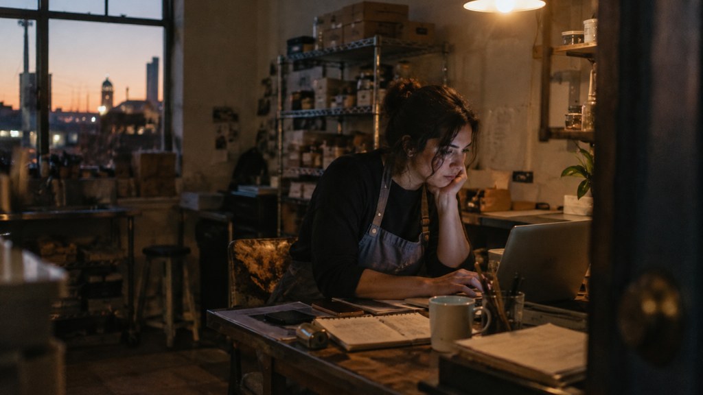 A small-business owner in an apron leaning over a laptop on a cluttered back-office desk late in the day, photographed in Baltimore