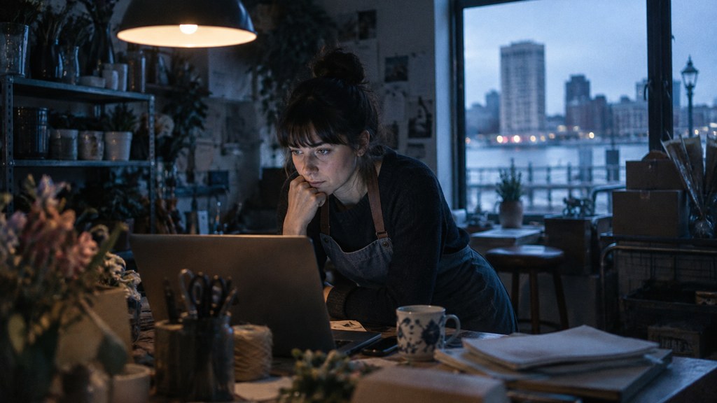 A small-business owner in an apron leaning over a laptop on a cluttered back-office desk late in the day, photographed in Baltimore