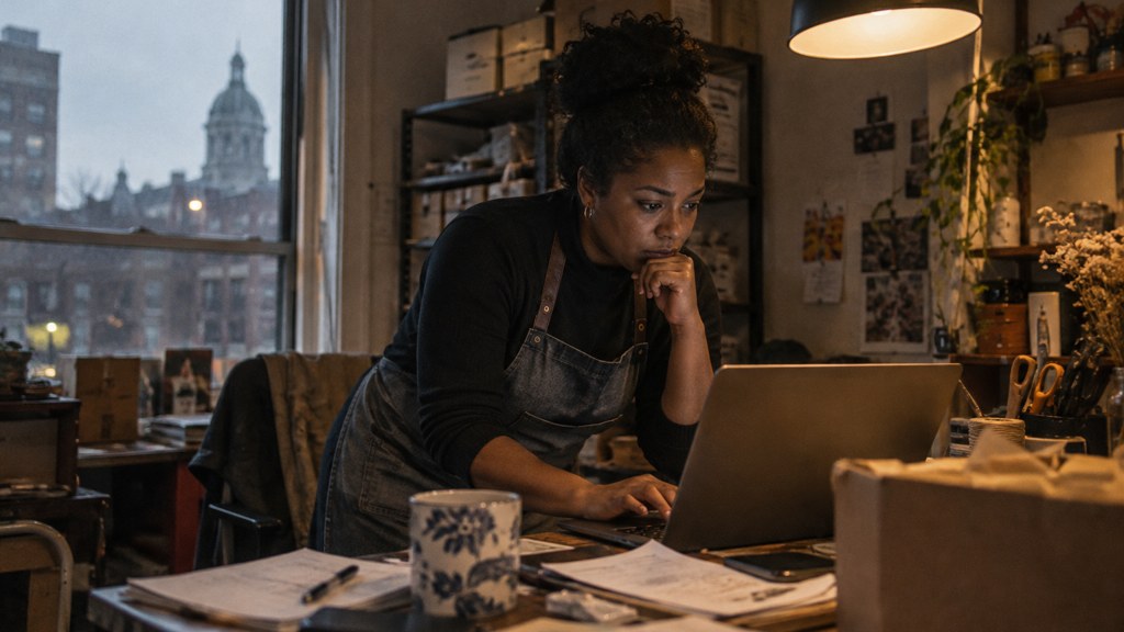 A small-business owner in an apron leaning over a laptop on a cluttered back-office desk late in the day, photographed in Baltimore