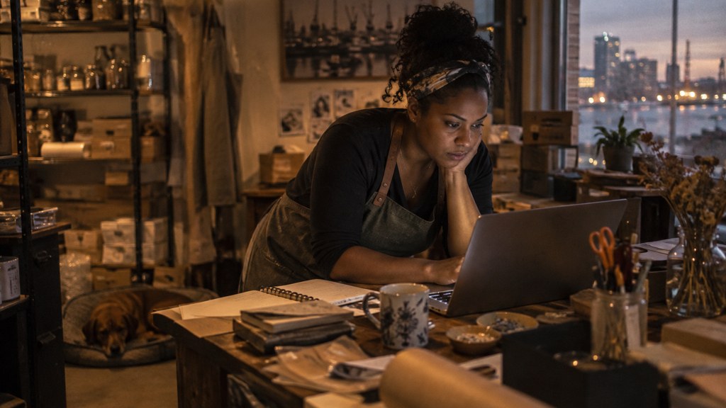 A small-business owner in an apron leaning over a laptop on a cluttered back-office desk late in the day, photographed in Baltimore