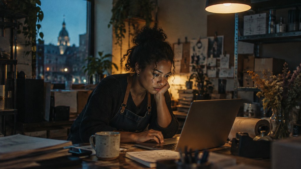 A small-business owner in an apron leaning over a laptop on a cluttered back-office desk late in the day, photographed in Baltimore