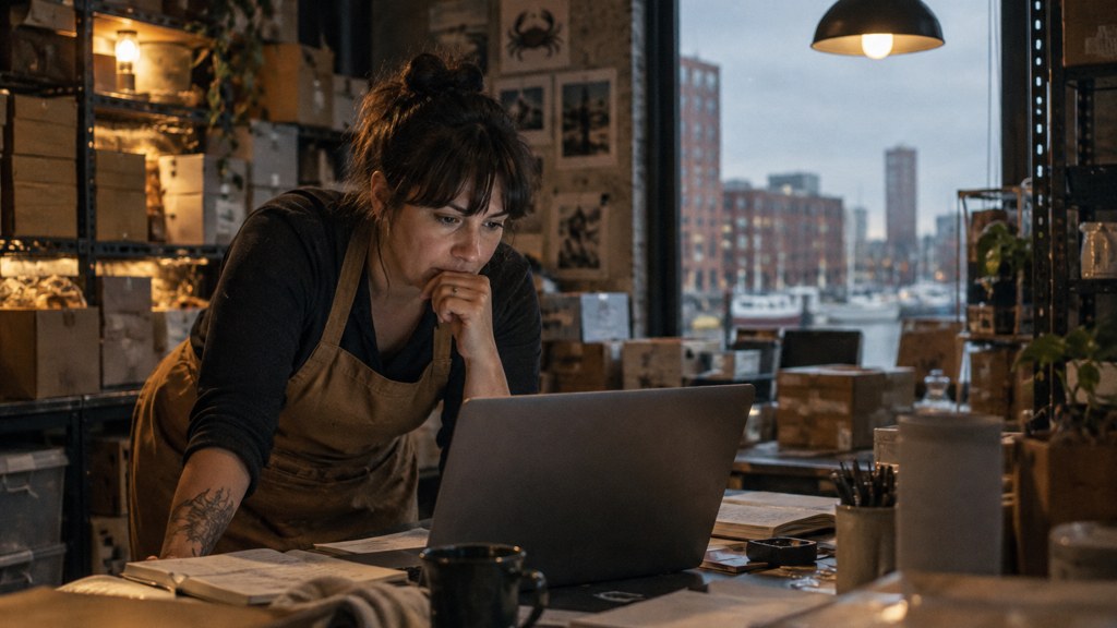 A small-business owner in an apron leaning over a laptop on a cluttered back-office desk late in the day, photographed in Baltimore