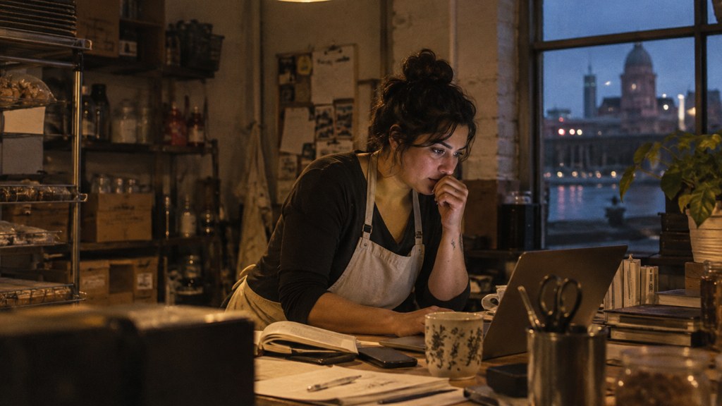 A small-business owner in an apron leaning over a laptop on a cluttered back-office desk late in the day, photographed in Baltimore