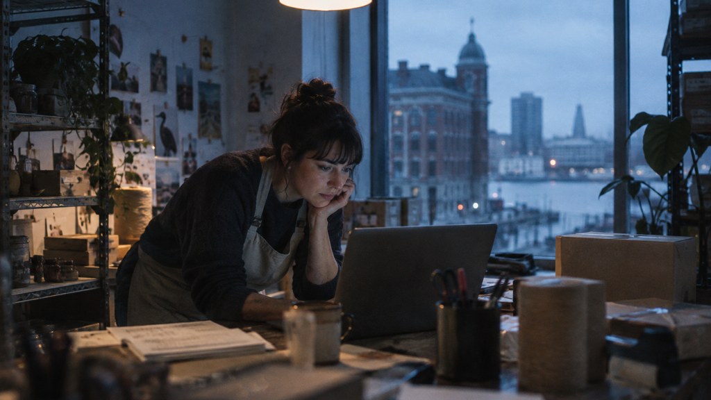 A small-business owner in an apron leaning over a laptop on a cluttered back-office desk late in the day, photographed in Baltimore