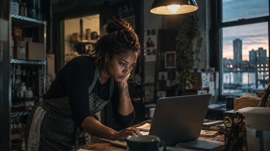 A small-business owner in an apron leaning over a laptop on a cluttered back-office desk late in the day, photographed in Baltimore