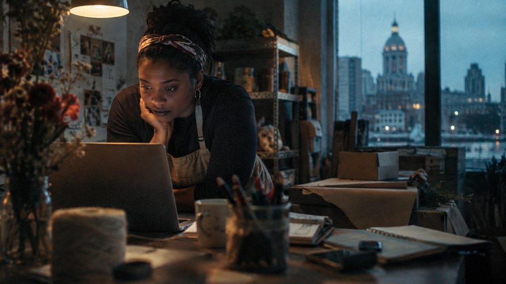 A small-business owner in an apron leaning over a laptop on a cluttered back-office desk late in the day, photographed in Baltimore