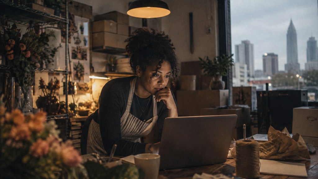 A small-business owner in an apron leaning over a laptop on a cluttered back-office desk late in the day, photographed in Atlanta