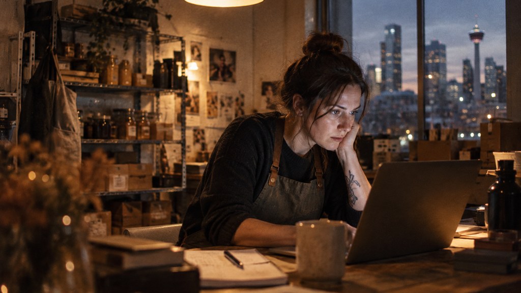 A small-business owner in an apron leaning over a laptop on a cluttered back-office desk late in the day, photographed in Calgary