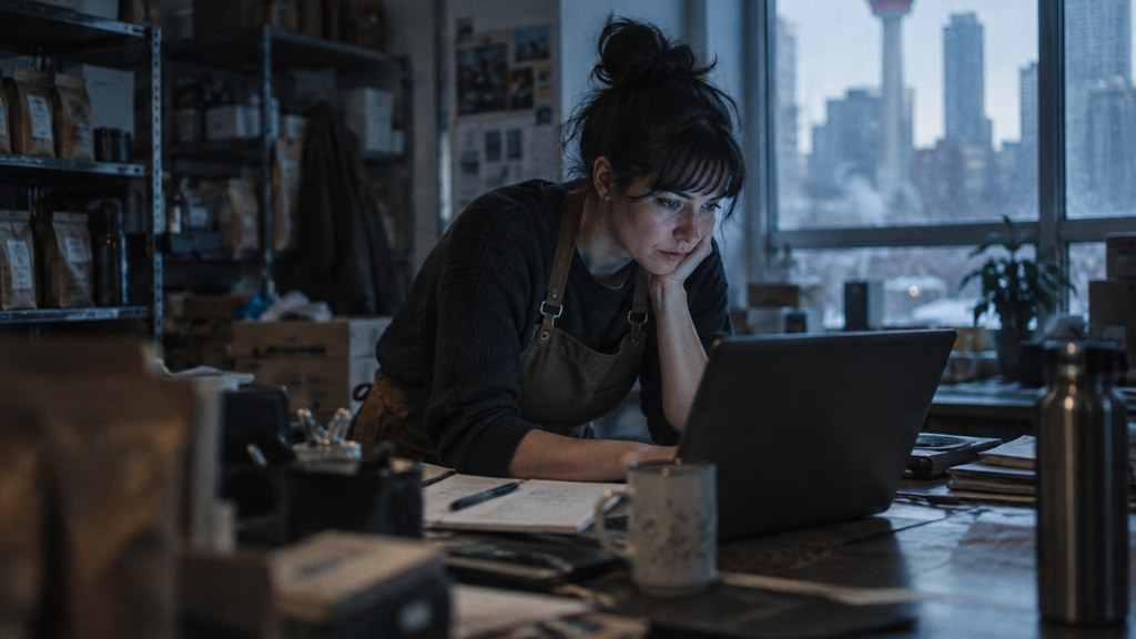 A small-business owner in an apron leaning over a laptop on a cluttered back-office desk late in the day, photographed in Calgary
