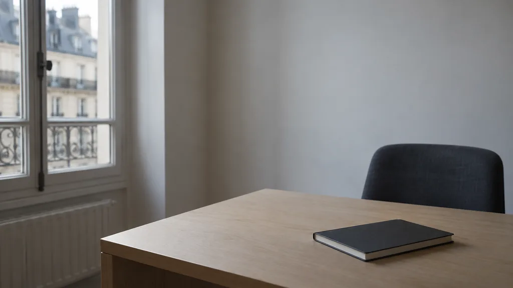An empty workspace on a Paris office table of plain beech with a bare wall and one closed notebook in pale northern light