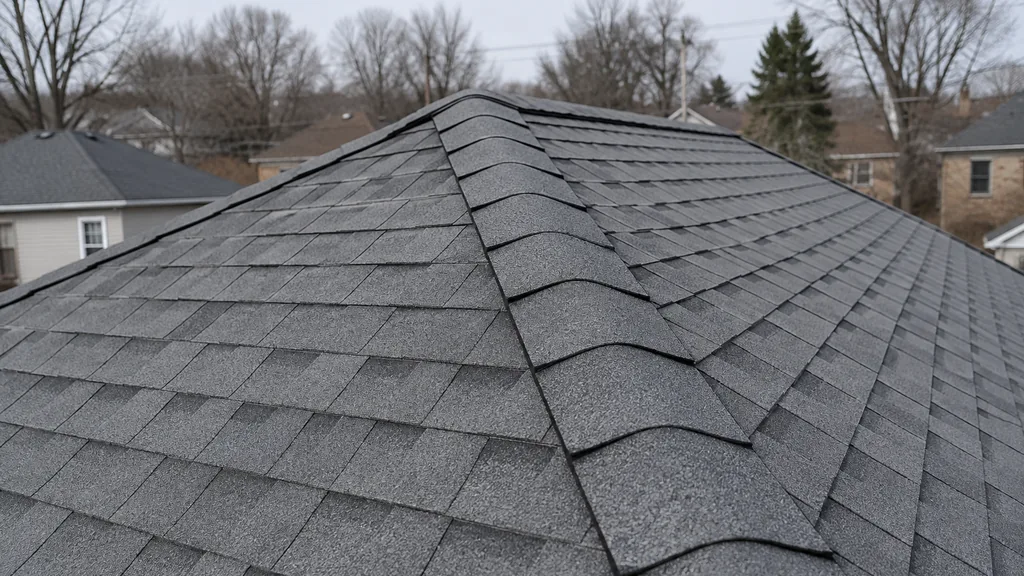 An empty roof surface: a bare pitched asphalt-shingle roof section in flat grey Chicago daylight, clean ridge line, no tools