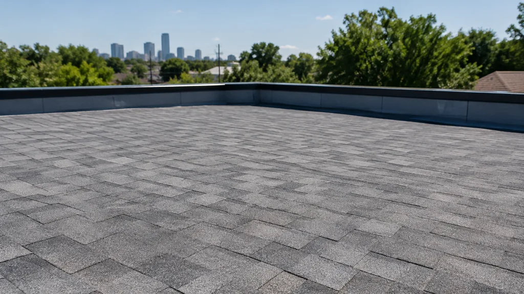 An empty roof surface: an empty low-slope roof deck with new grey shingles under hard Dallas afternoon light, no tools