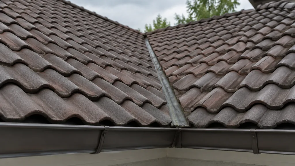An empty roof surface: a plain tiled roof valley in humid overcast Houston light with clean gutters, no tools