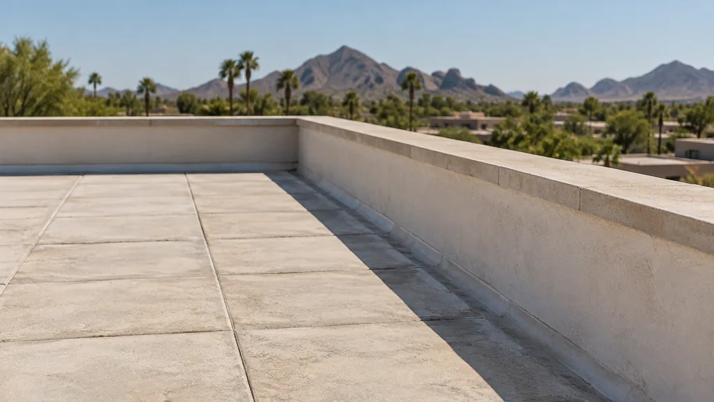 An empty roof surface: a flat tile roof surface in bright dry Phoenix light with a bare parapet edge, no tools