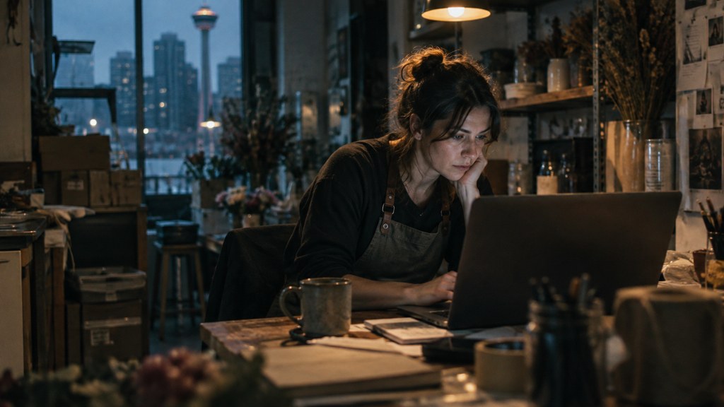A small-business owner in an apron leaning over a laptop on a cluttered back-office desk late in the day, photographed in Calgary